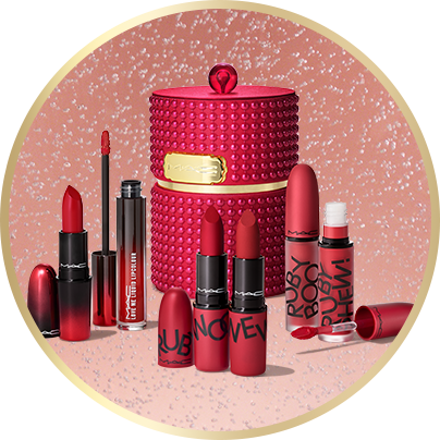Limited edition Ruby Woos Party Crew Vault set over a peach bubble background