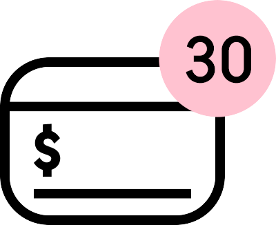 Card icon with pink '30' icon, symbolising pay in 30 days